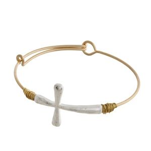 Silver and Gold Metal Cross Bangle Bracelet